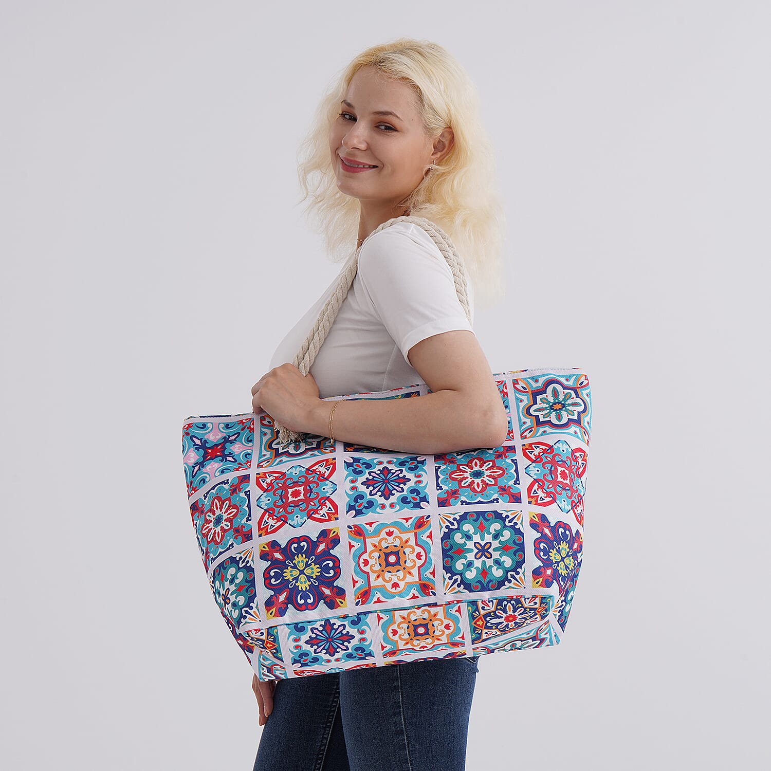 Bohemian Plaid Floral Pattern Beach Tote Bag with Rope Handles - Multicolor