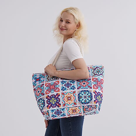 Bohemian Plaid Floral Pattern Beach Tote Bag with Rope Handles - Multicolor