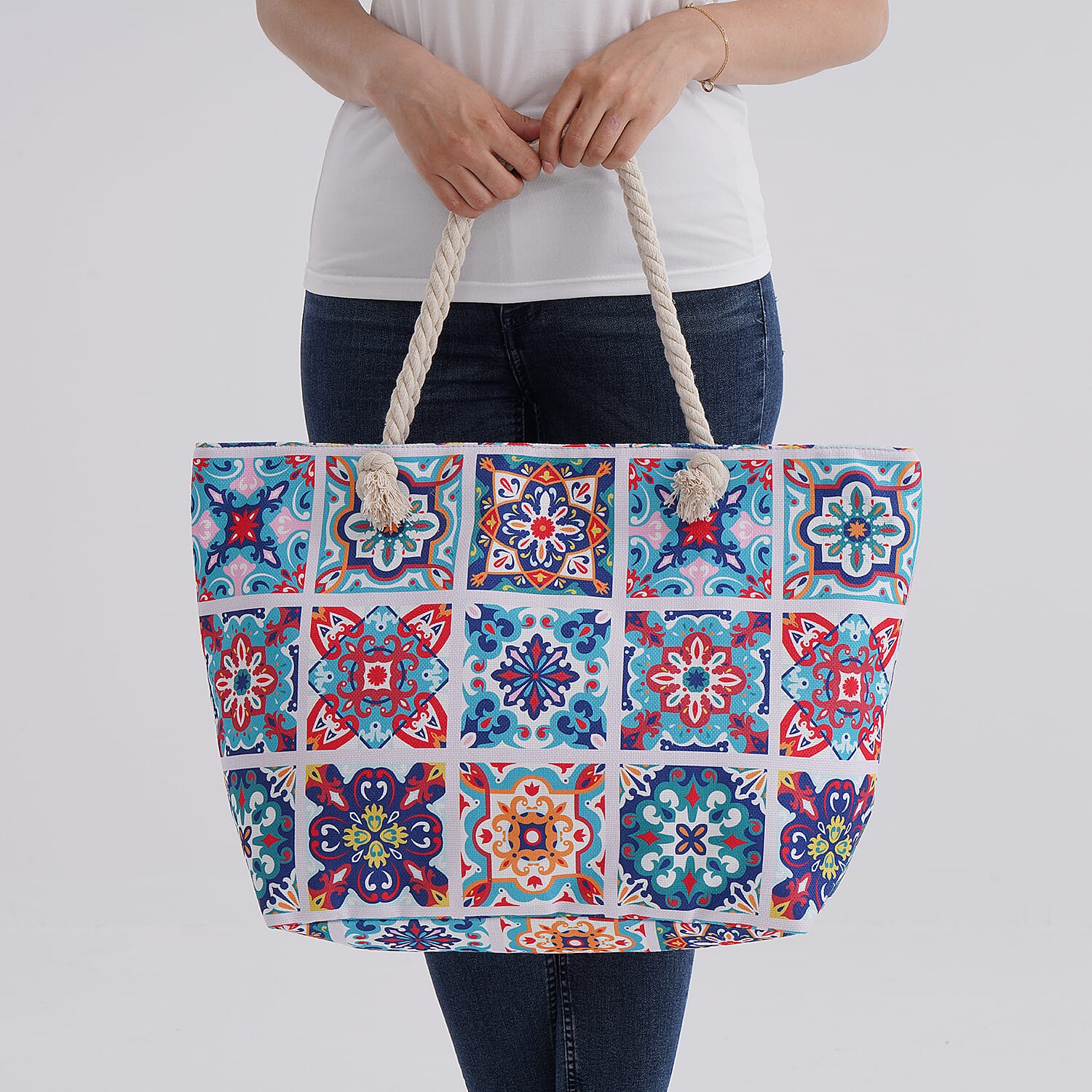 Bohemian Plaid Floral Pattern Beach Tote Bag with Rope Handles - Multicolor