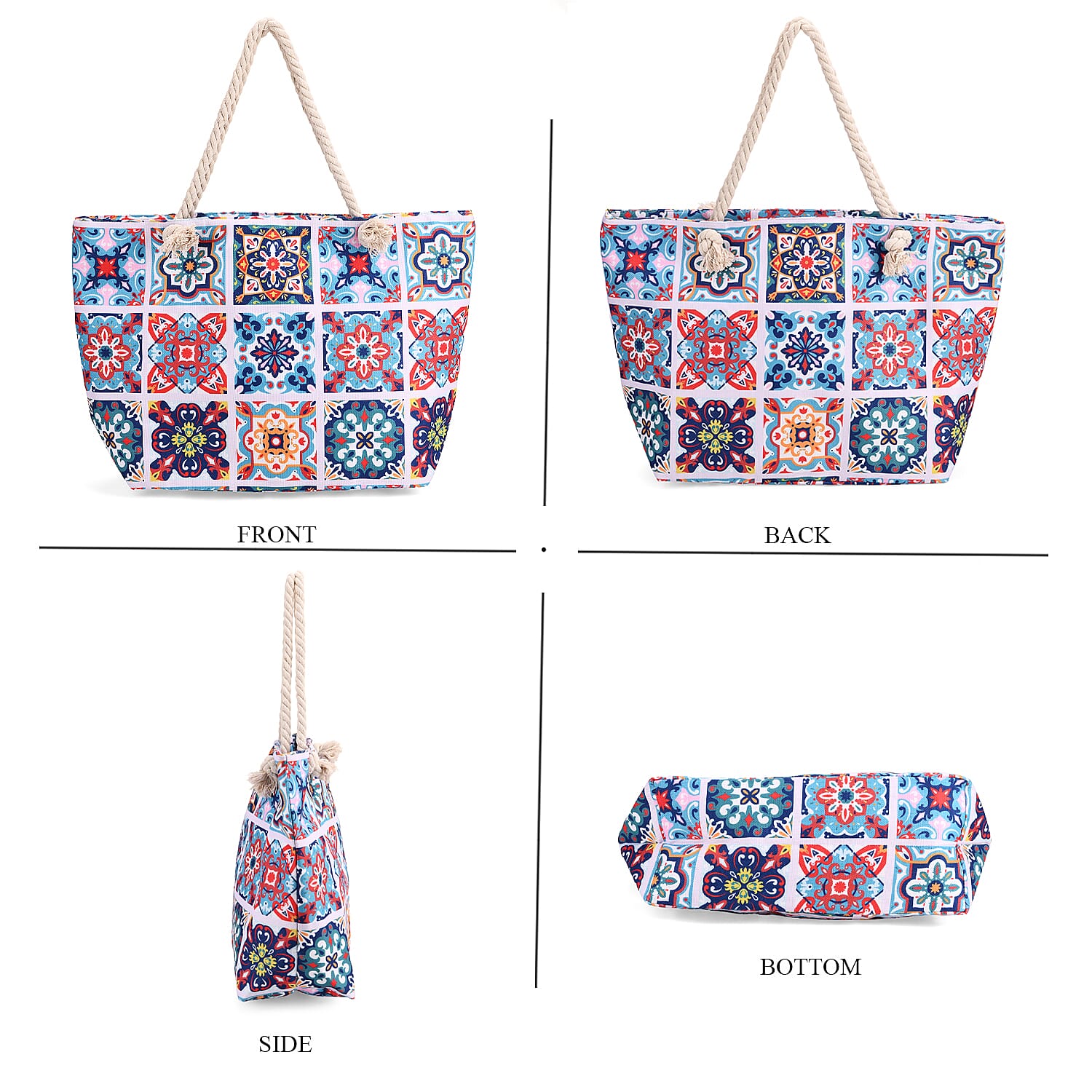 Bohemian Plaid Floral Pattern Beach Tote Bag with Rope Handles - Multicolor