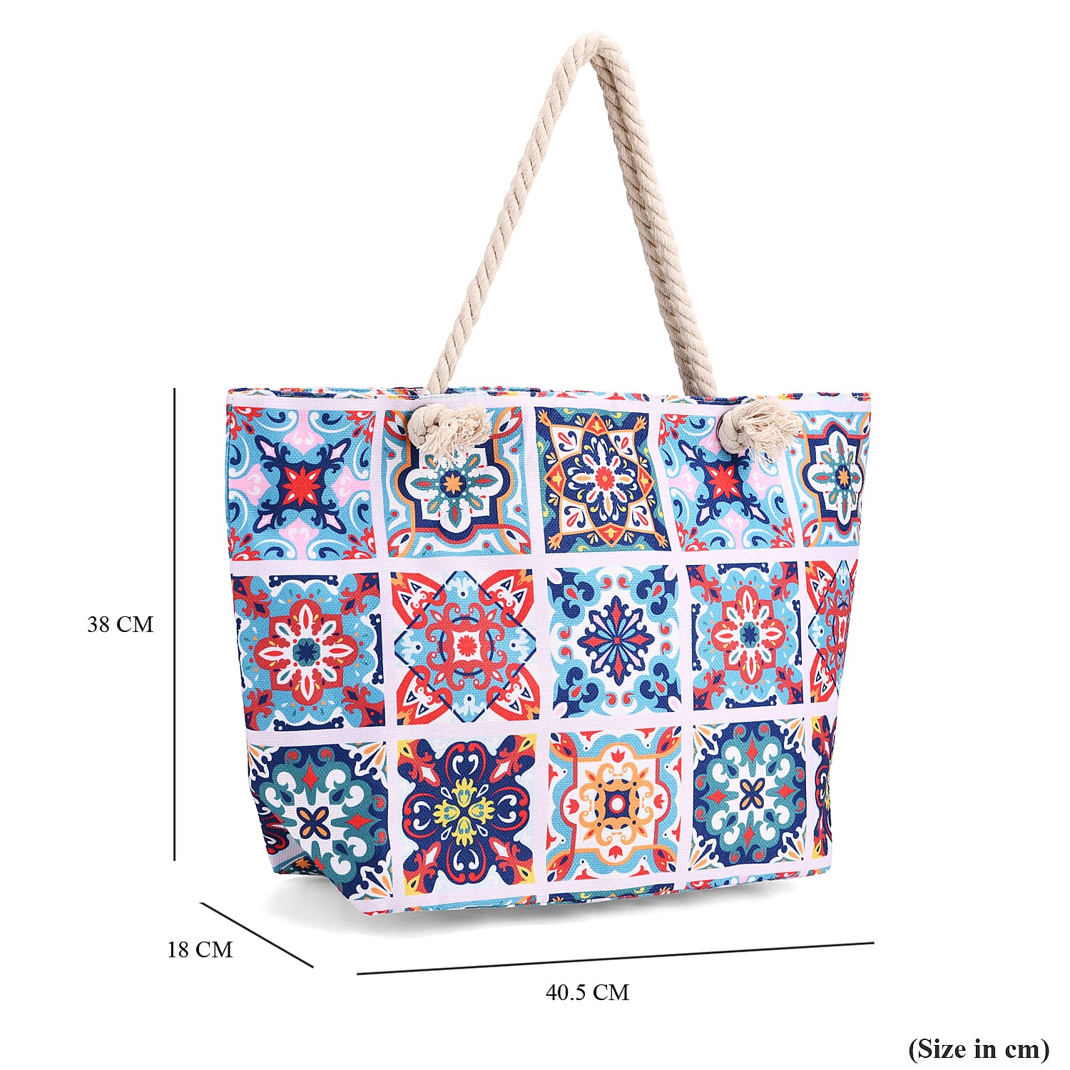 Bohemian Plaid Floral Pattern Beach Tote Bag with Rope Handles - Multicolor