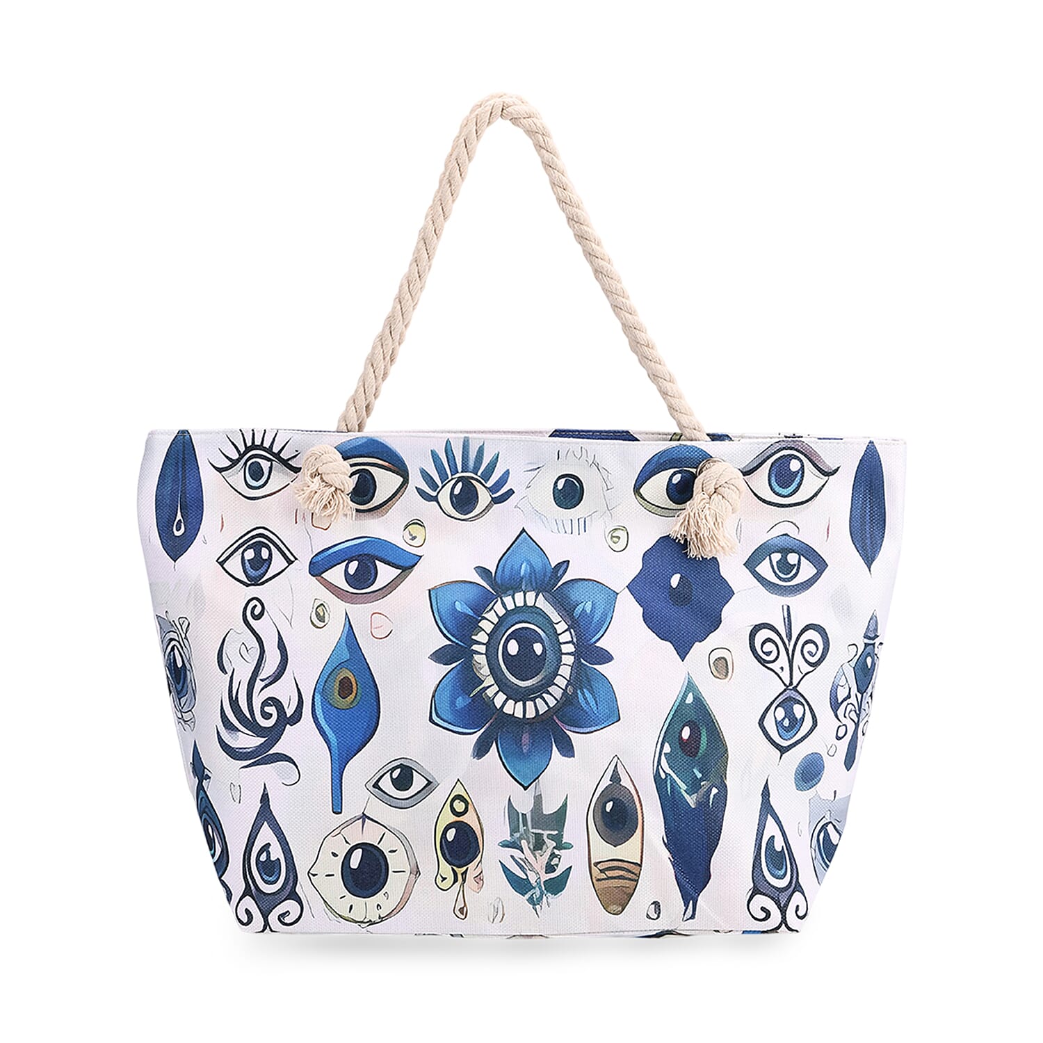 Mystical Blue Evil Eye Print Tote Bag with Rope Handles - White