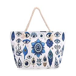 Mystical Blue Evil Eye Print Tote Bag with Rope Handles - White