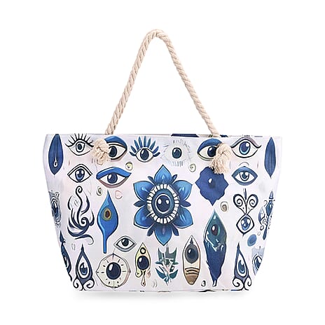 Mystical Blue Evil Eye Print Tote Bag with Rope Handles - White