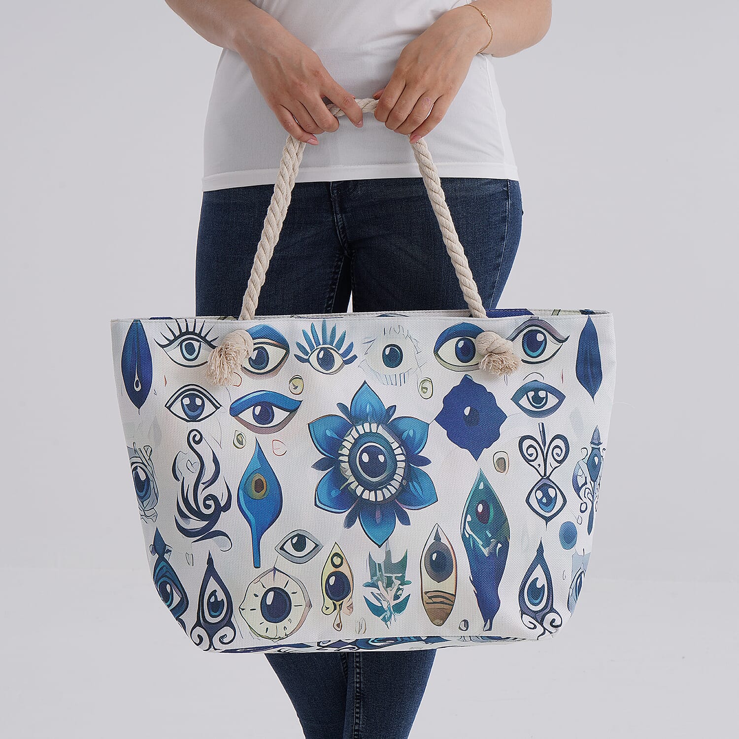 Mystical Blue Evil Eye Print Tote Bag with Rope Handles - White