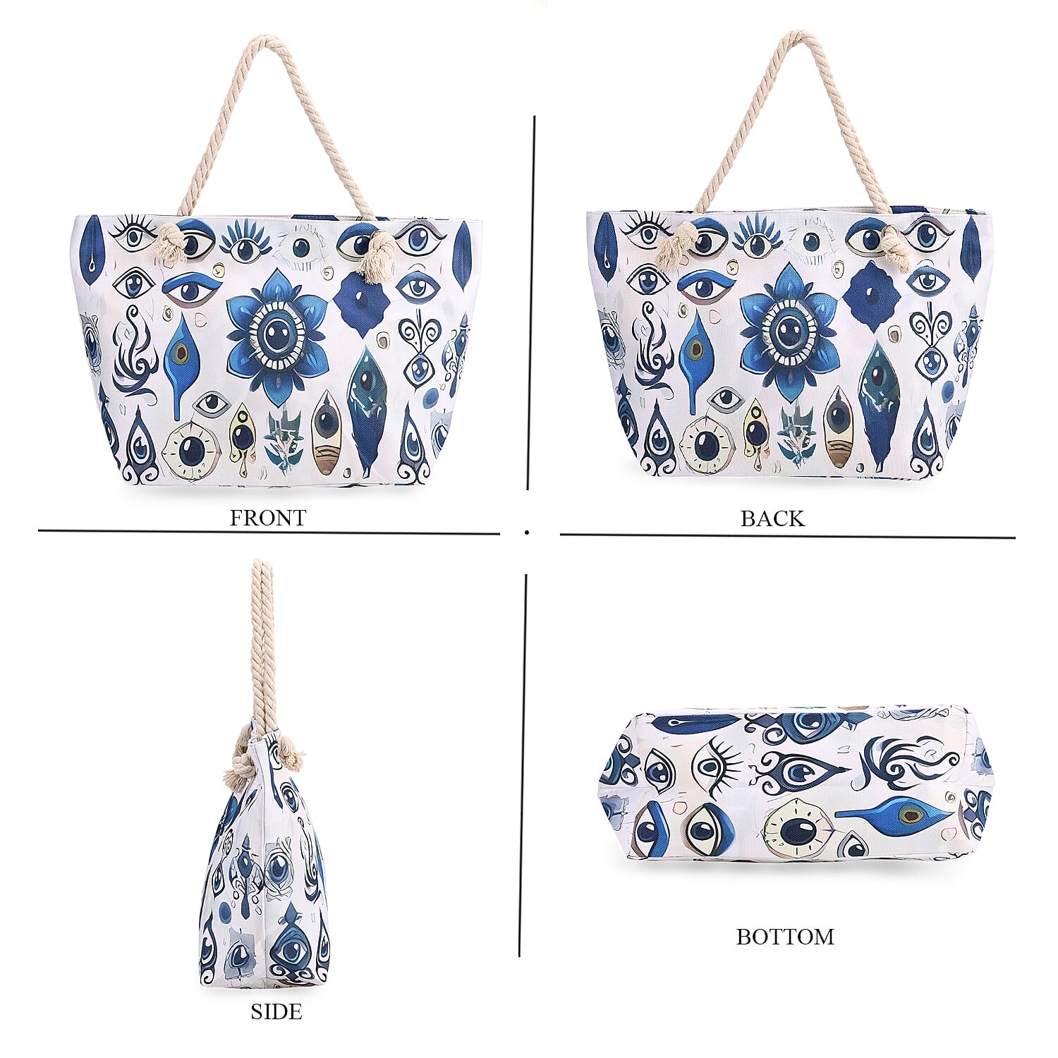 Mystical Blue Evil Eye Print Tote Bag with Rope Handles - White