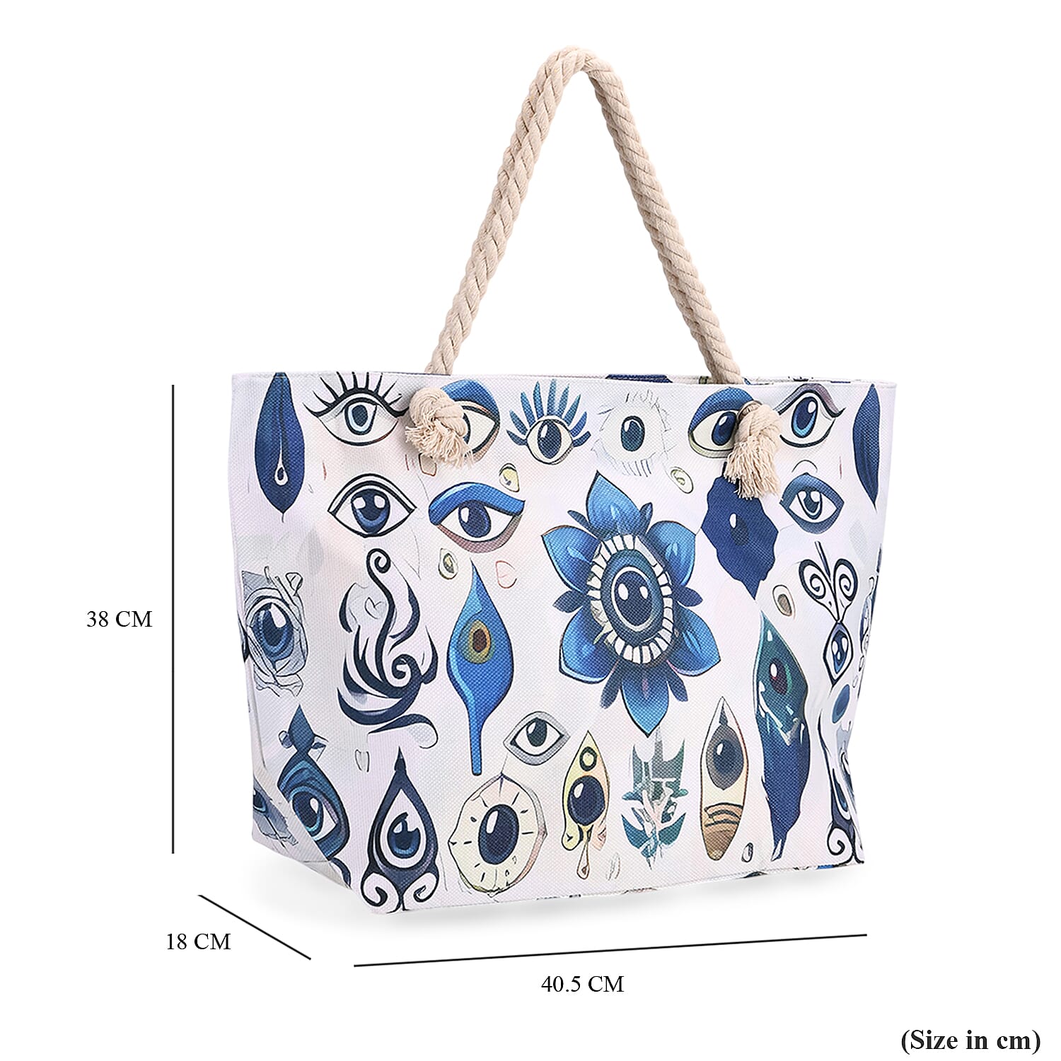 Mystical Blue Evil Eye Print Tote Bag with Rope Handles - White