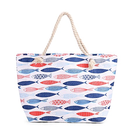 Multicolor Fish Pattern Tote Bag with Rope Handles - White