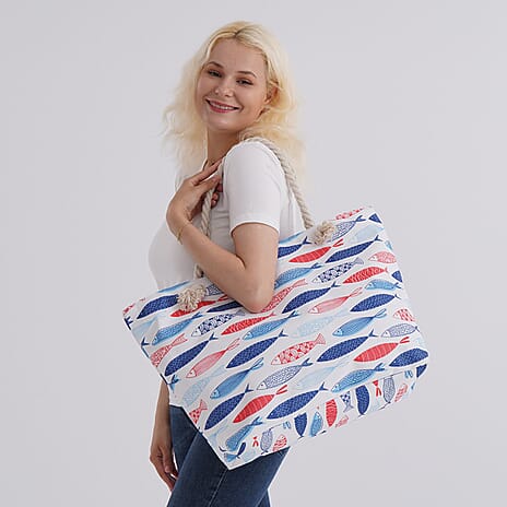 Multicolor Fish Pattern Tote Bag with Rope Handles - White