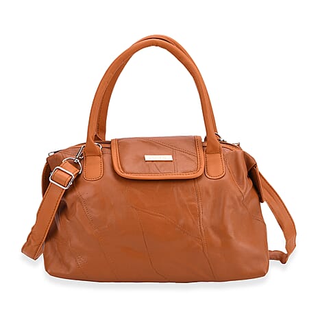 Styled By - 100% Genuine Leather Convertible Structured Satchel Bag - Tan