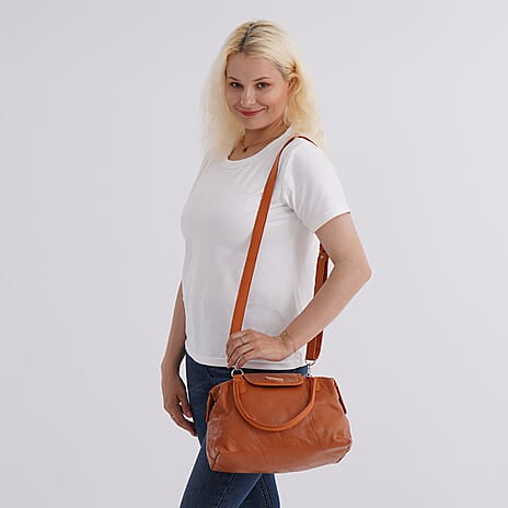 Styled By - 100% Genuine Leather Convertible Structured Satchel Bag - Tan