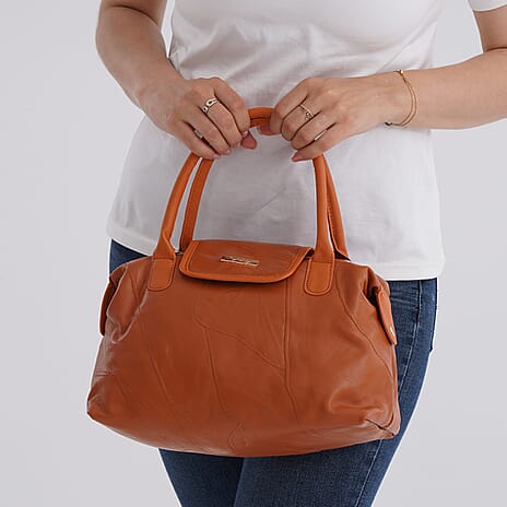 Styled By - 100% Genuine Leather Convertible Structured Satchel Bag - Tan