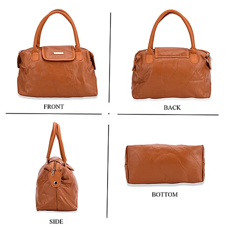 Styled By - 100% Genuine Leather Convertible Structured Satchel Bag - Tan