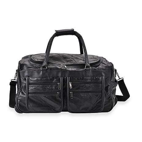 Styled By - Patchwork Sheep Leather Travel Duffle Bag with Trolley Sleeve - Black