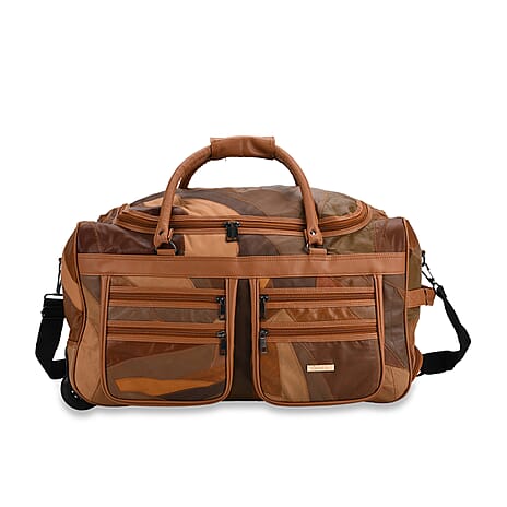 Styled By -100% Genuine Leather Travel Duffle Bag with Trolley Sleeve - Camel