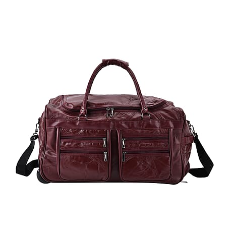 Styled By - Patchwork Sheep Leather Travel Duffle Bag with Trolley Sleeve - Burgundy