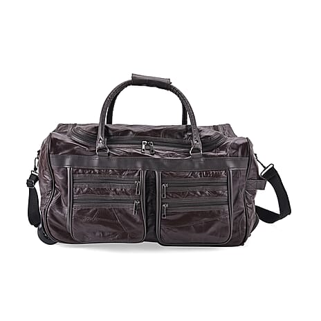 Styled By - Patchwork Sheep Leather Travel Duffle Bag with Trolley Sleeve - Brown