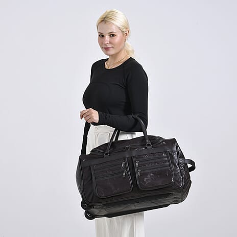 Styled By - Patchwork Sheep Leather Travel Duffle Bag with Trolley Sleeve - Brown