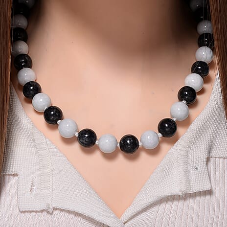 Natural Type A White Jade & Black Jade Necklace (Size - 20) with Magnetic Clasp in Rhodium Overlay Sterling Silver 720.00 Ct.