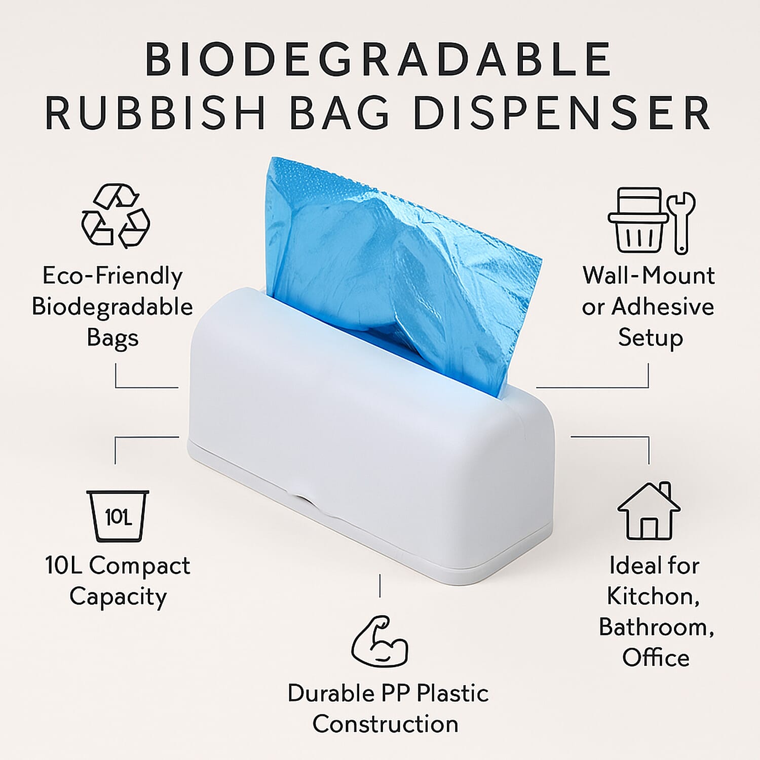 Biodegradable Rubbish Bag Dispenser with 5 Bin Bag Rolls (10L Capacity) - White