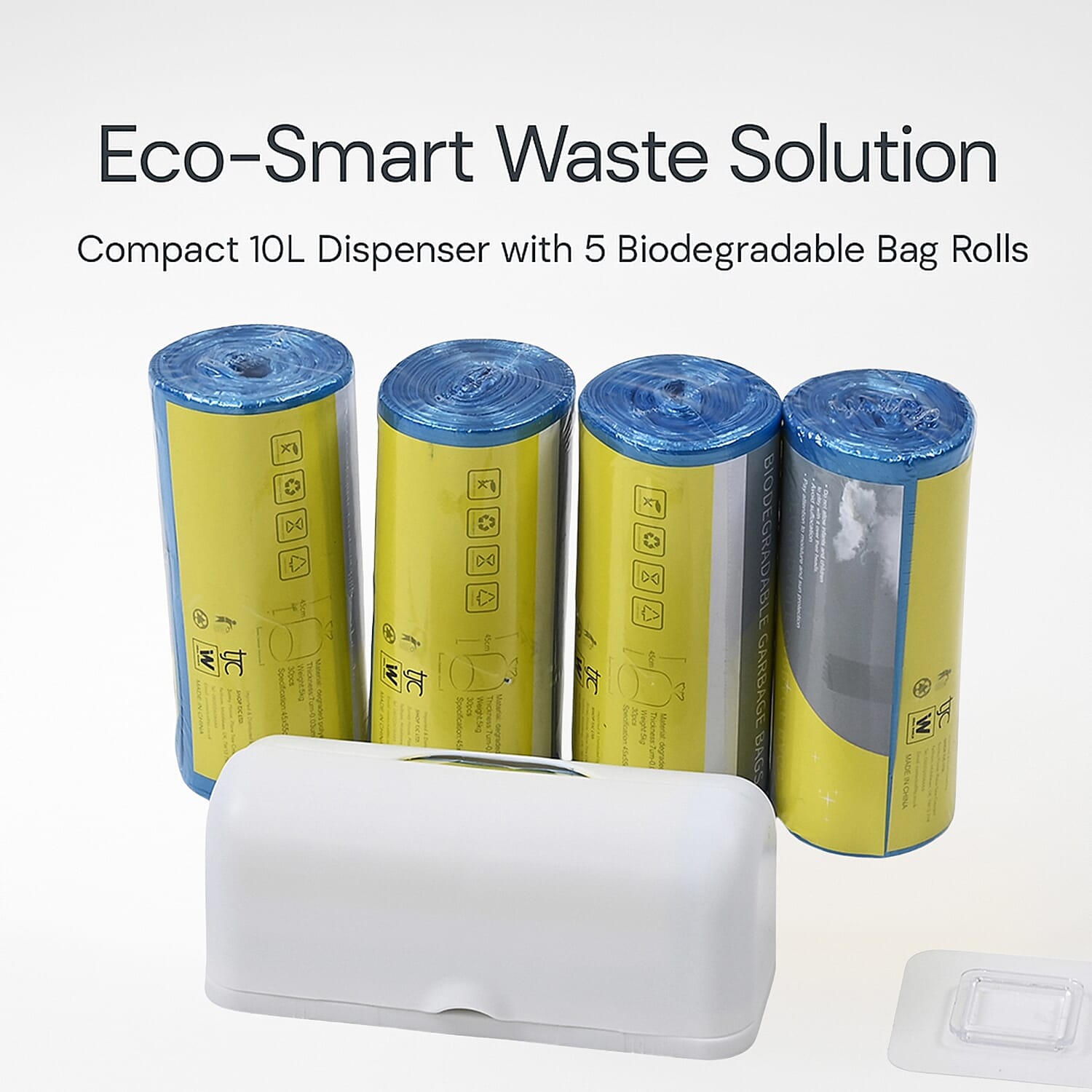 Biodegradable Rubbish Bag Dispenser with 5 Bin Bag Rolls (10L Capacity) - White