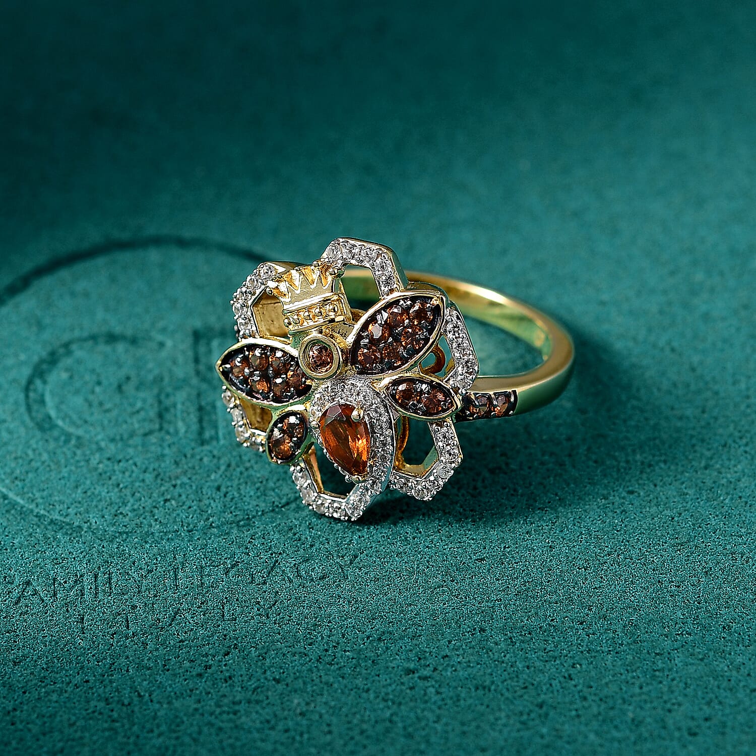 GP HoneyComb Collection - Madeira Citrine, Blue Sapphire, White Zircon 7 Natural Champagne Zircon Ring in 18K Vermeil Yellow Gold Plated Sterling Silver 1.07 Ct.