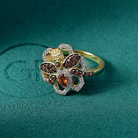 GP HoneyComb Collection - Madeira Citrine, Blue Sapphire, White Zircon 7 Natural Champagne Zircon Ring in 18K Vermeil Yellow Gold Plated Sterling Silver 1.07 Ct.