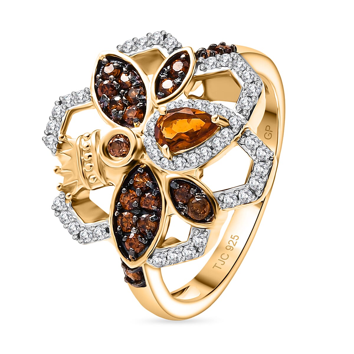 GP HoneyComb Collection - Madeira Citrine, Blue Sapphire, White Zircon 7 Natural Champagne Zircon Ring in 18K Vermeil Yellow Gold Plated Sterling Silver 1.07 Ct.