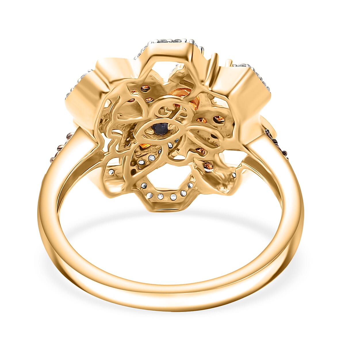 GP HoneyComb Collection - Madeira Citrine, Blue Sapphire, White Zircon 7 Natural Champagne Zircon Ring in 18K Vermeil Yellow Gold Plated Sterling Silver 1.07 Ct.