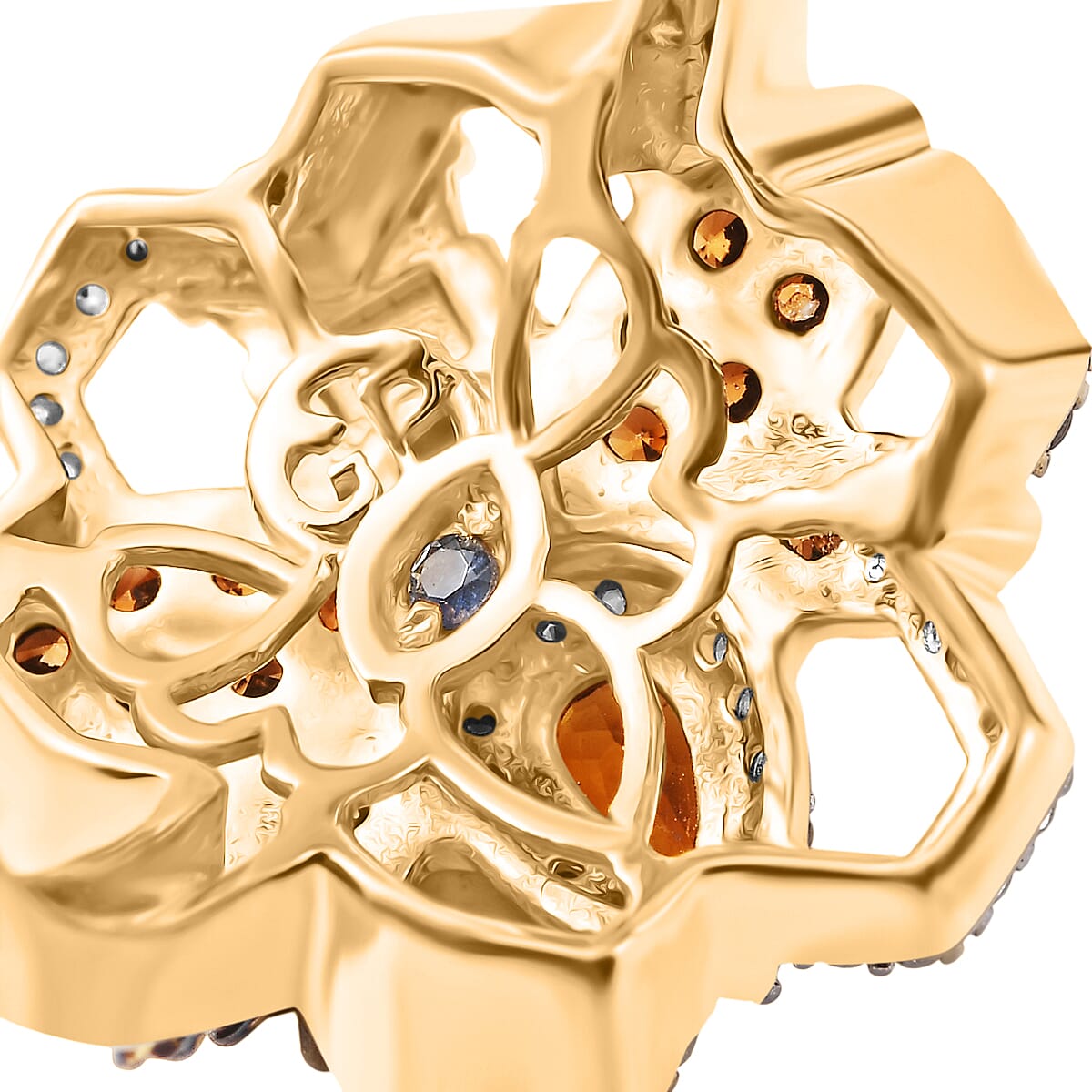 GP HoneyComb Collection - Madeira Citrine, Blue Sapphire, White Zircon 7 Natural Champagne Zircon Ring in 18K Vermeil Yellow Gold Plated Sterling Silver 1.07 Ct.