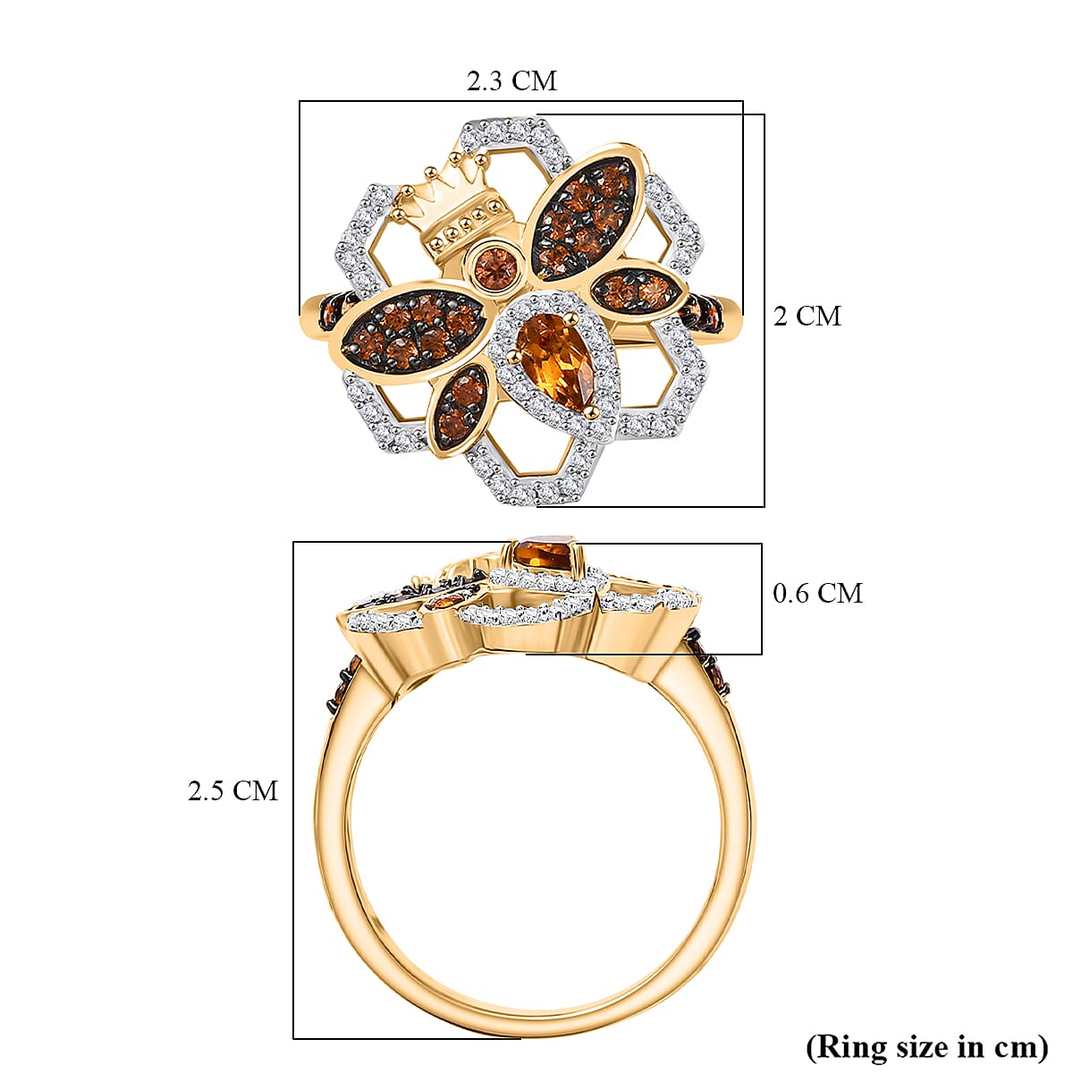GP HoneyComb Collection - Madeira Citrine, Blue Sapphire, White Zircon 7 Natural Champagne Zircon Ring in 18K Vermeil Yellow Gold Plated Sterling Silver 1.07 Ct.