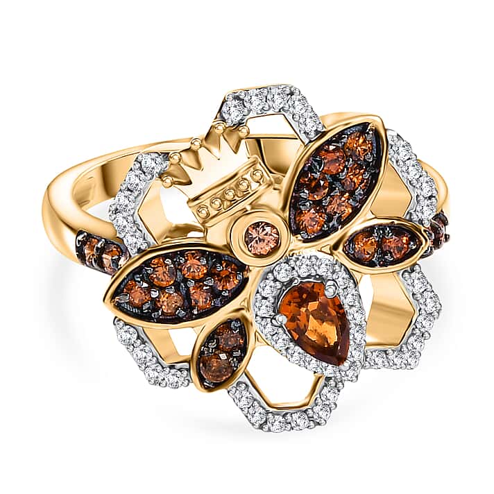 GP HoneyComb Collection - Madeira Citrine, White Zircon, Natural Champagne Zircon Queen Bee Ring in 18K Vermeil Yellow Gold Plated Sterling Silver 1.07 Ct.