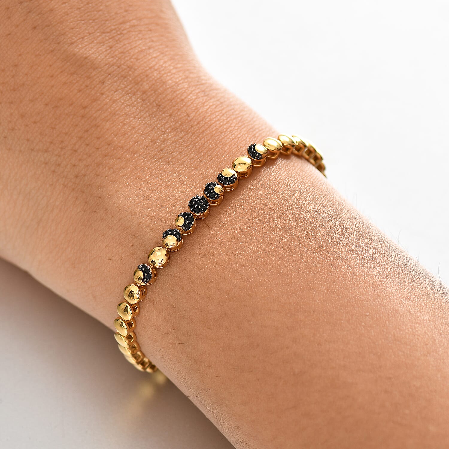 GP Celestial Dream Collection - Black Spinel & Blue Sapphire Bracelet (Size - 7.5) in 18K Vermeil Yellow Gold Plated Sterling Silver, Silver Wt. 9.77 Gms