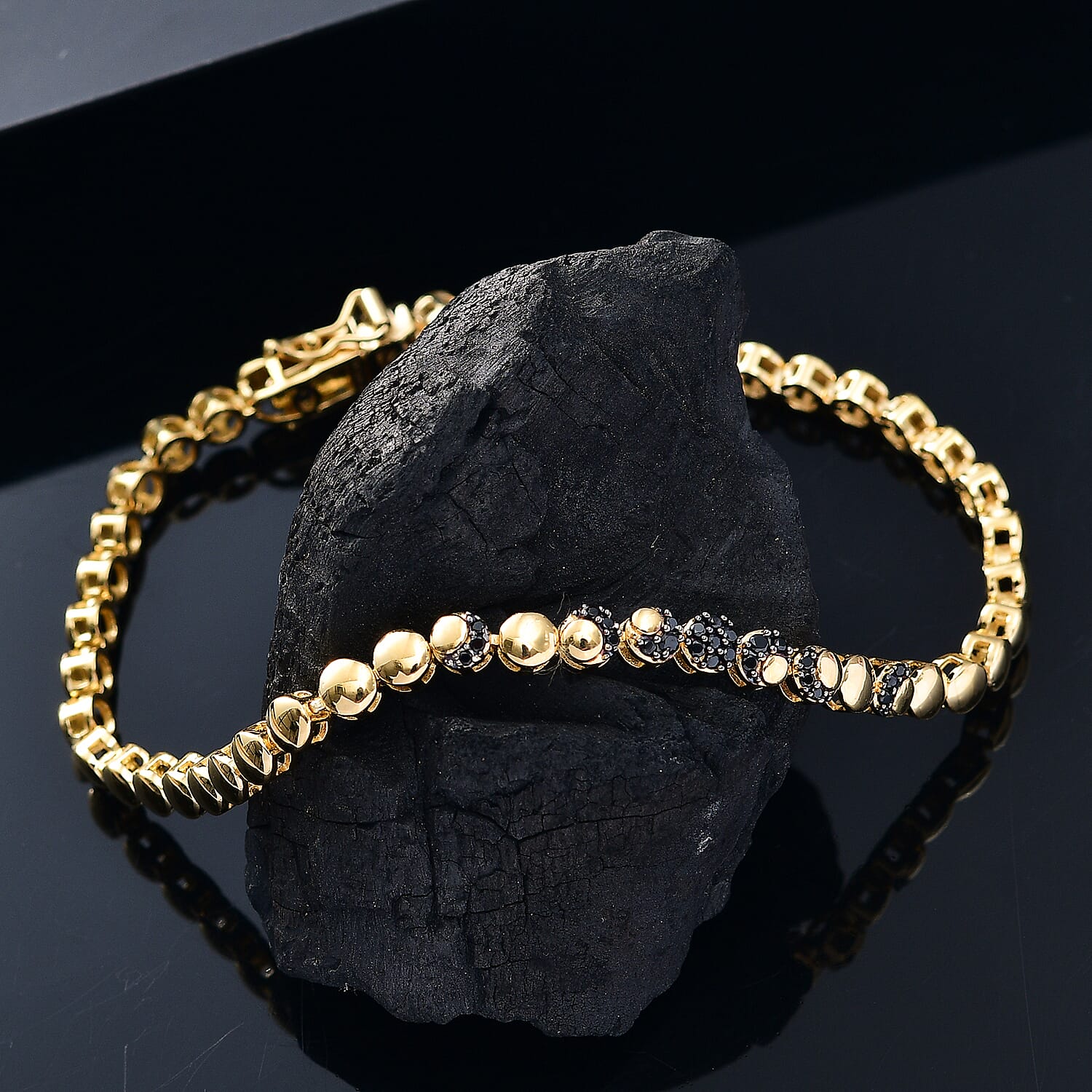 GP Celestial Dream Collection - Black Spinel & Blue Sapphire Bracelet (Size - 7.5) in 18K Vermeil Yellow Gold Plated Sterling Silver, Silver Wt. 9.77 Gms