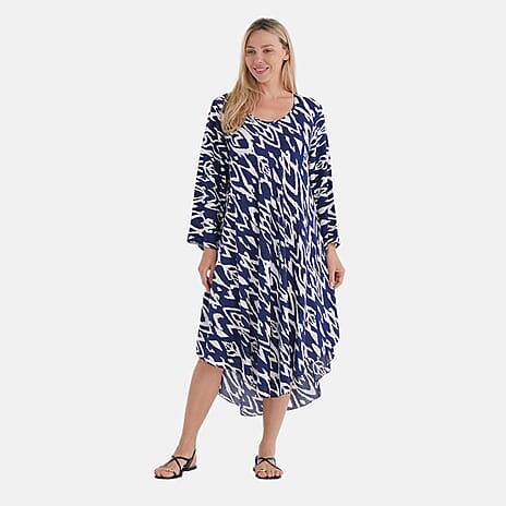 - Maisi Abstract Geometric Print Midi Dress - Loose Fit - High-Low Hem (Size 10 - 18) - Blue - White