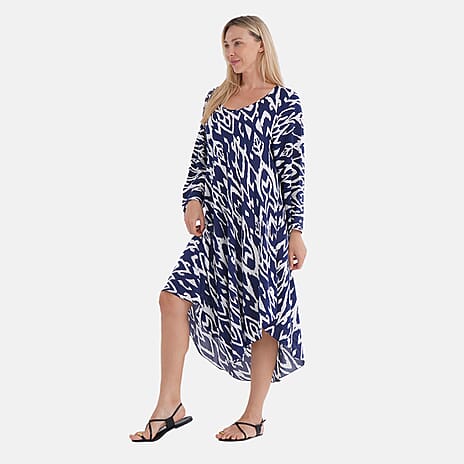 - Maisi Abstract Geometric Print Midi Dress - Loose Fit - High-Low Hem (Size 10 - 18) - Blue - White