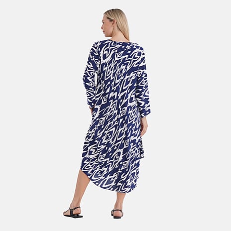 - Maisi Abstract Geometric Print Midi Dress - Loose Fit - High-Low Hem (Size 10 - 18) - Blue - White