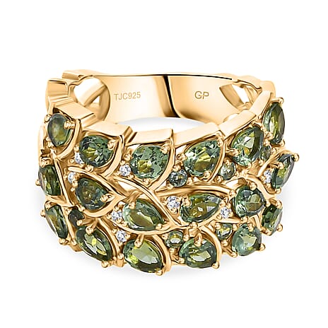 GP Leaf Collection - Green Apatite, Blue Sapphire & White Zircon Cluster Ring in 18K Vermeil Yellow Gold Plated Sterling Silver 3.43 Ct.