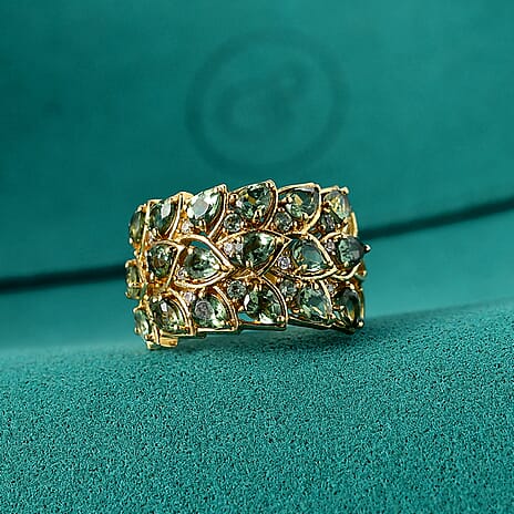 GP Leaf Collection - Green Apatite, Blue Sapphire & White Zircon Cluster Ring in 18K Vermeil Yellow Gold Plated Sterling Silver 3.43 Ct.