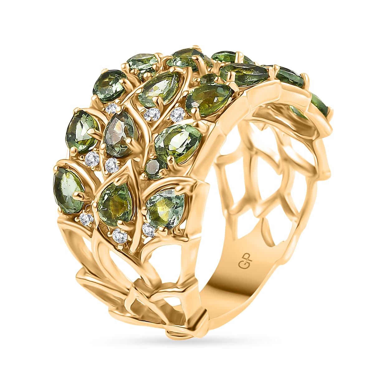 GP Leaf Collection - Green Apatite, Blue Sapphire & White Zircon Cluster Ring in 18K Vermeil Yellow Gold Plated Sterling Silver 3.43 Ct. GP Leaf Collection - Green Apatite, Blue Sapphire & White Zircon Cluster Ring in 18K Vermeil Yellow Gold Plated Sterling Silver 3.43 Ct.