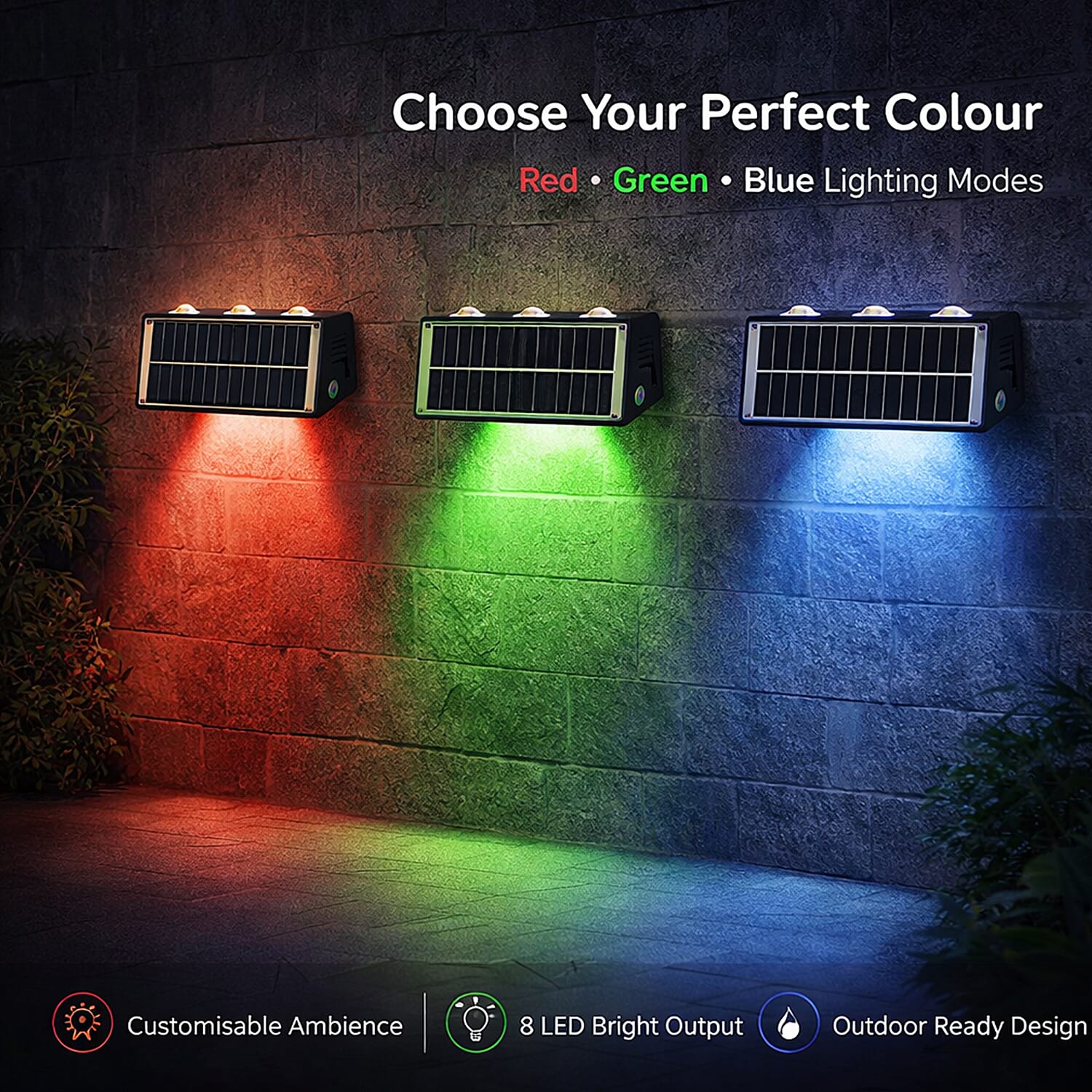 8-LED Outdoor Solar RGB Light - IP65 Waterproof with Color Changing for Courtyard & Roadside