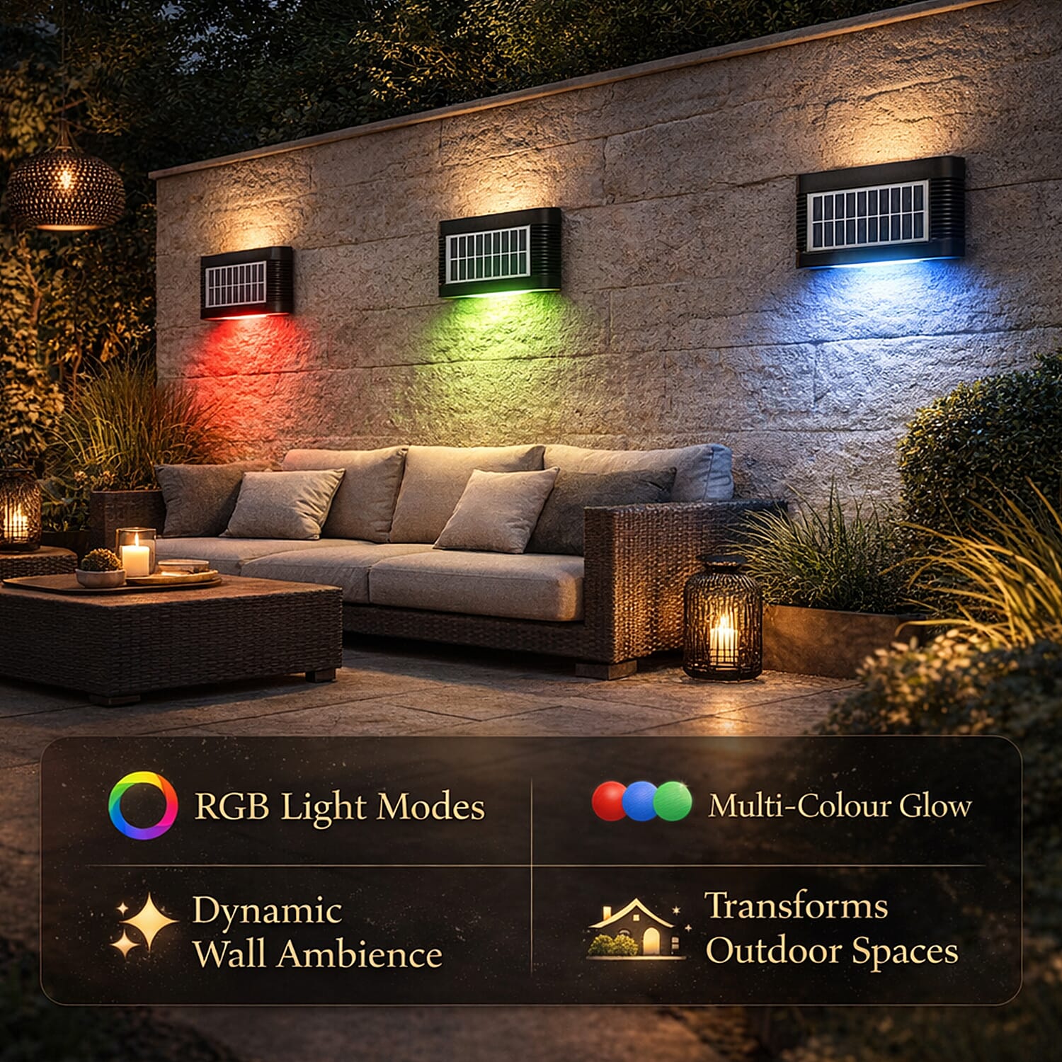 8-LED Outdoor Solar RGB Lamp - IP65 Waterproof with Color Changing Light (60W) - Black