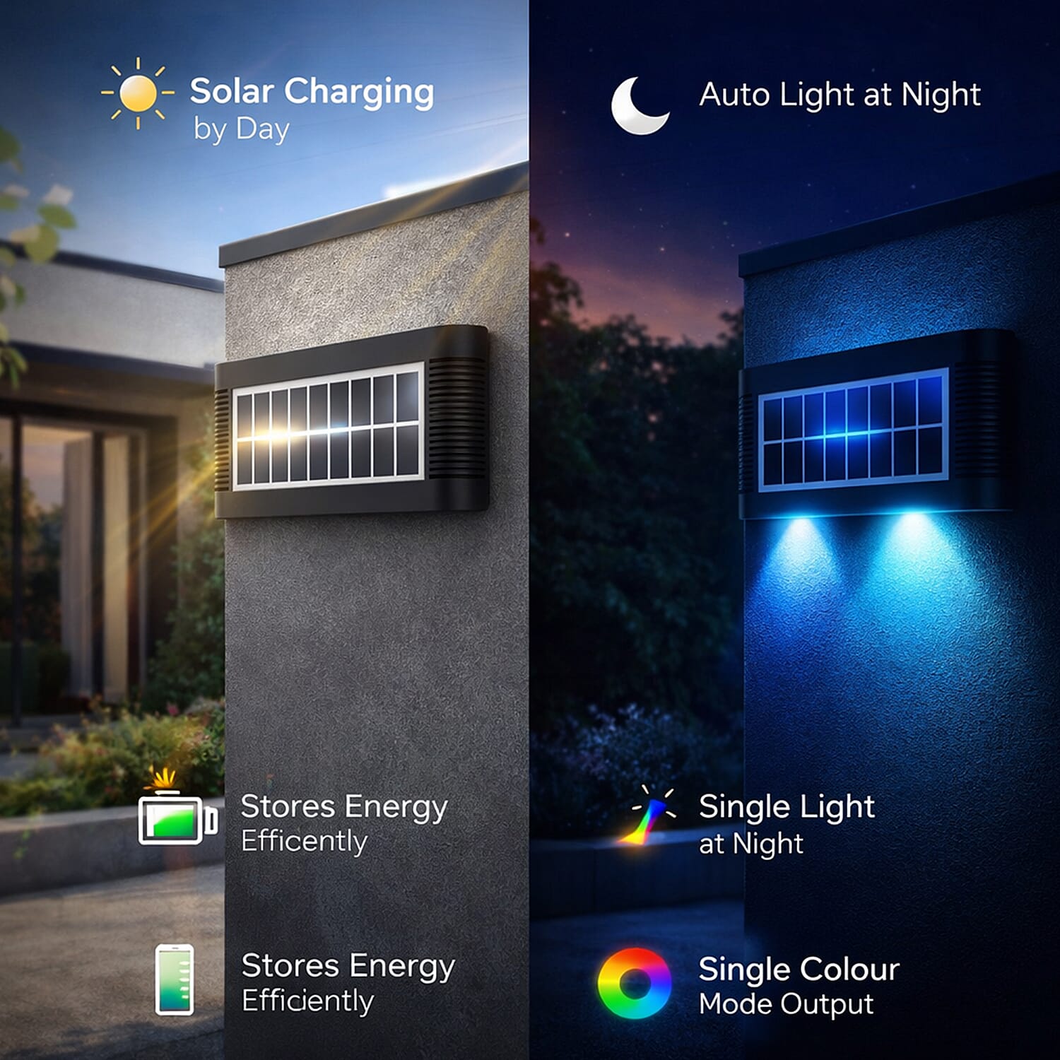 8-LED Outdoor Solar RGB Lamp - IP65 Waterproof with Color Changing Light (60W) - Black