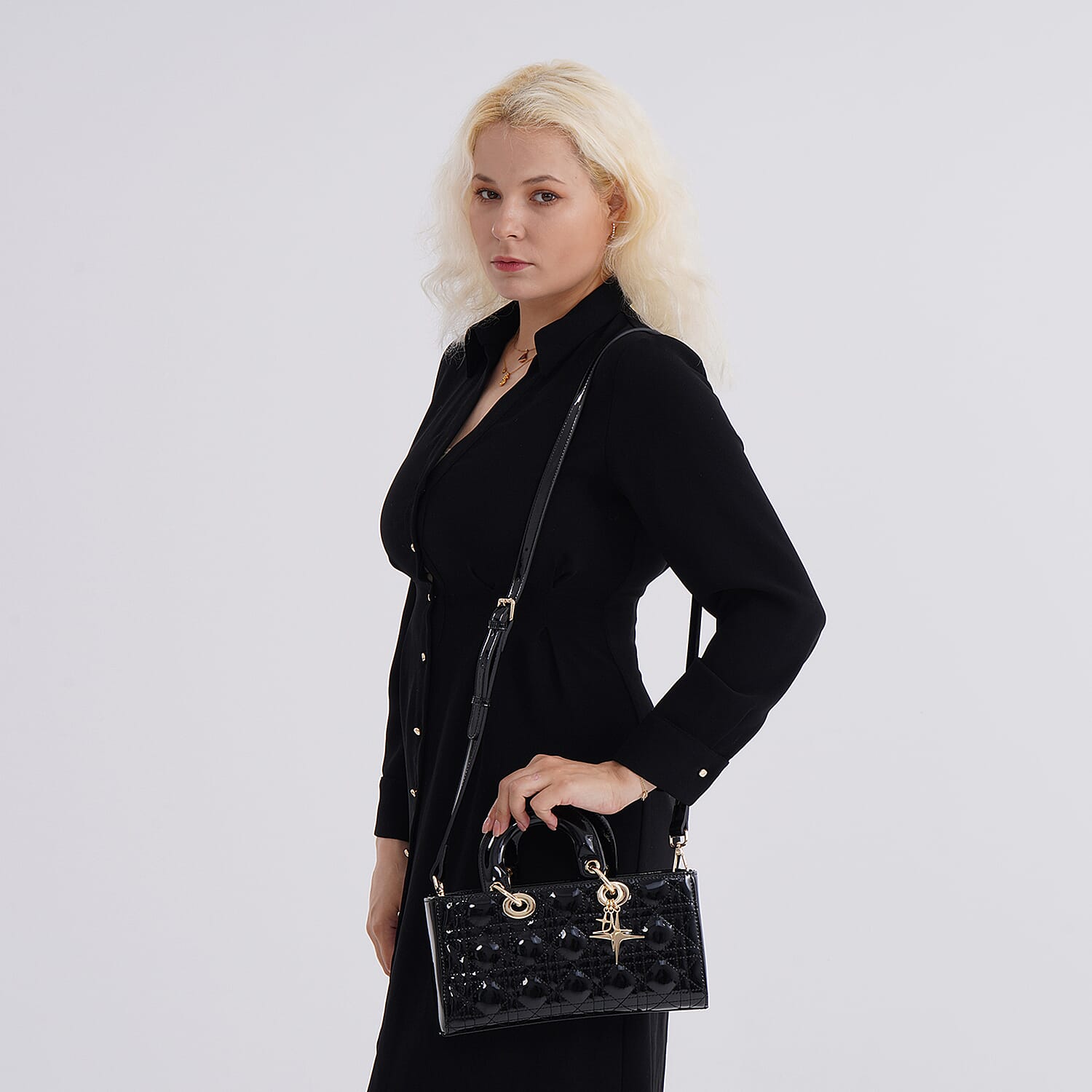 La Marey Genuine Leather Quilted Handbag Bag With Detachable Shoulder Strap - Black