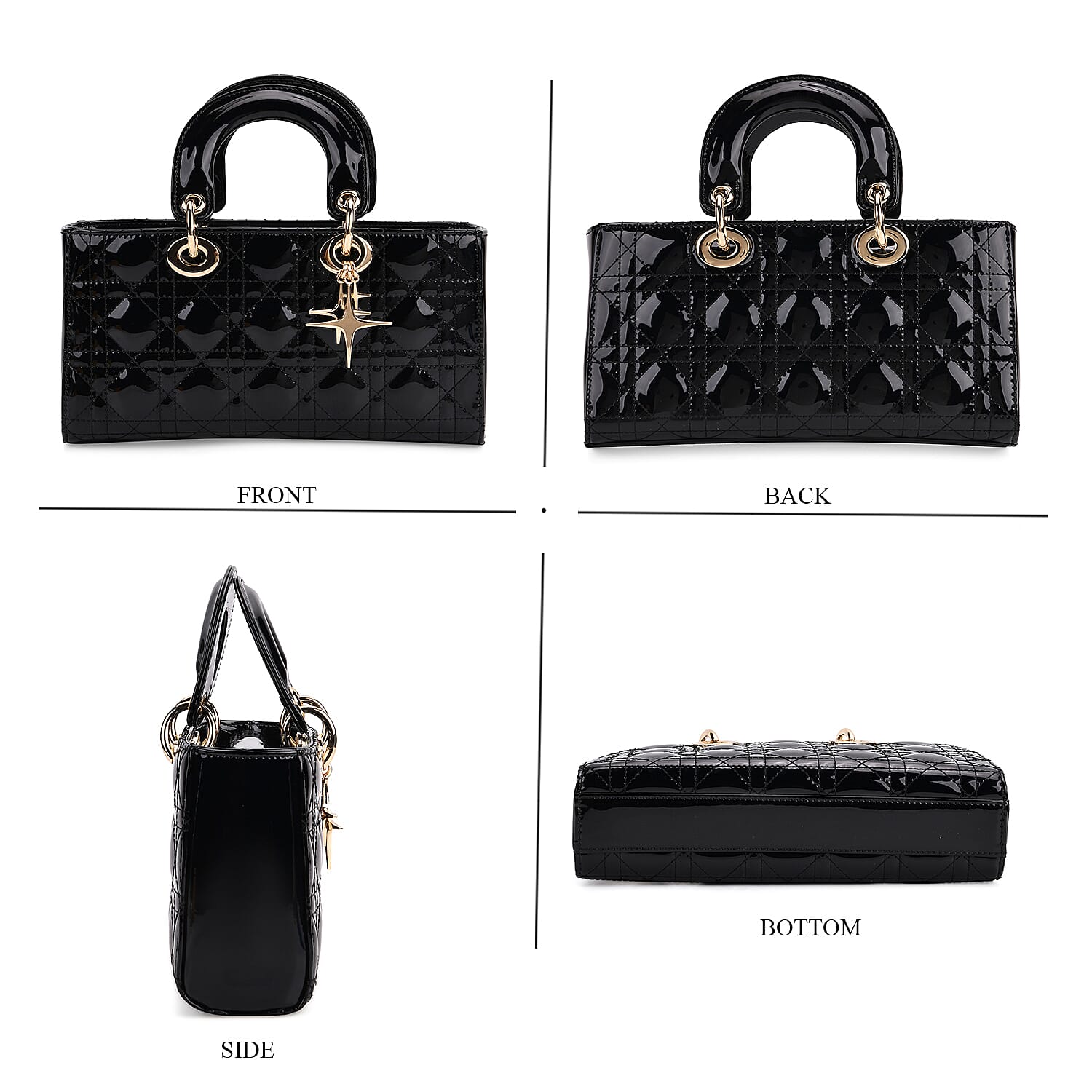 La Marey Genuine Leather Quilted Handbag Bag With Detachable Shoulder Strap - Black