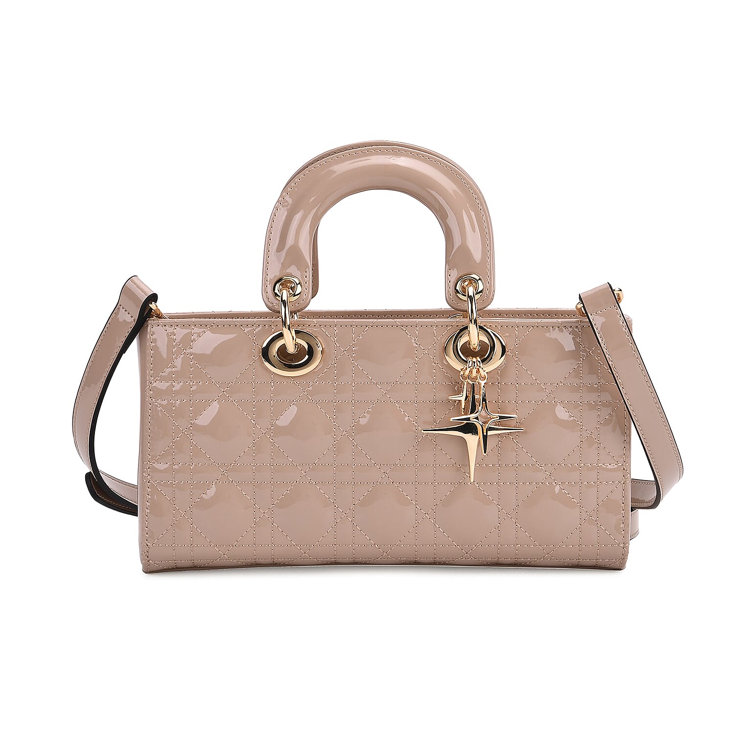 La Marey Genuine Leather Quilted Handbag Bag With Detachable Shoulder Strap - Light Khaki