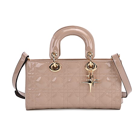 La Marey Genuine Leather Quilted Handbag Bag With Detachable Shoulder Strap - Light Khaki