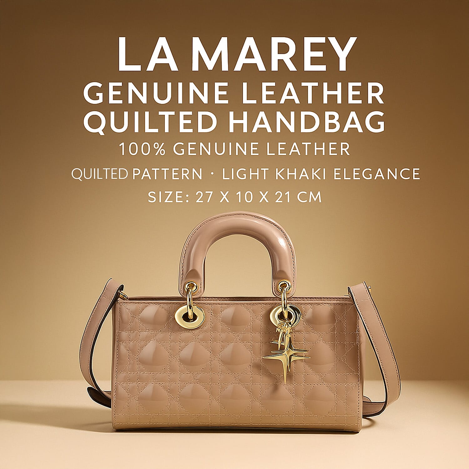 La Marey Genuine Leather Quilted Handbag Bag With Detachable Shoulder Strap - Light Khaki