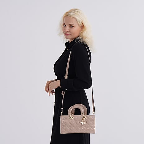 La Marey Genuine Leather Quilted Handbag Bag With Detachable Shoulder Strap - Light Khaki