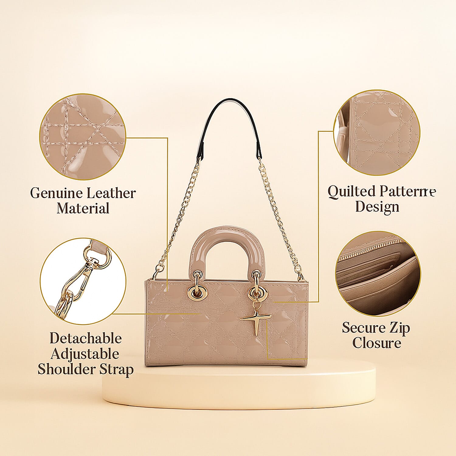 La Marey Genuine Leather Quilted Handbag Bag With Detachable Shoulder Strap - Light Khaki